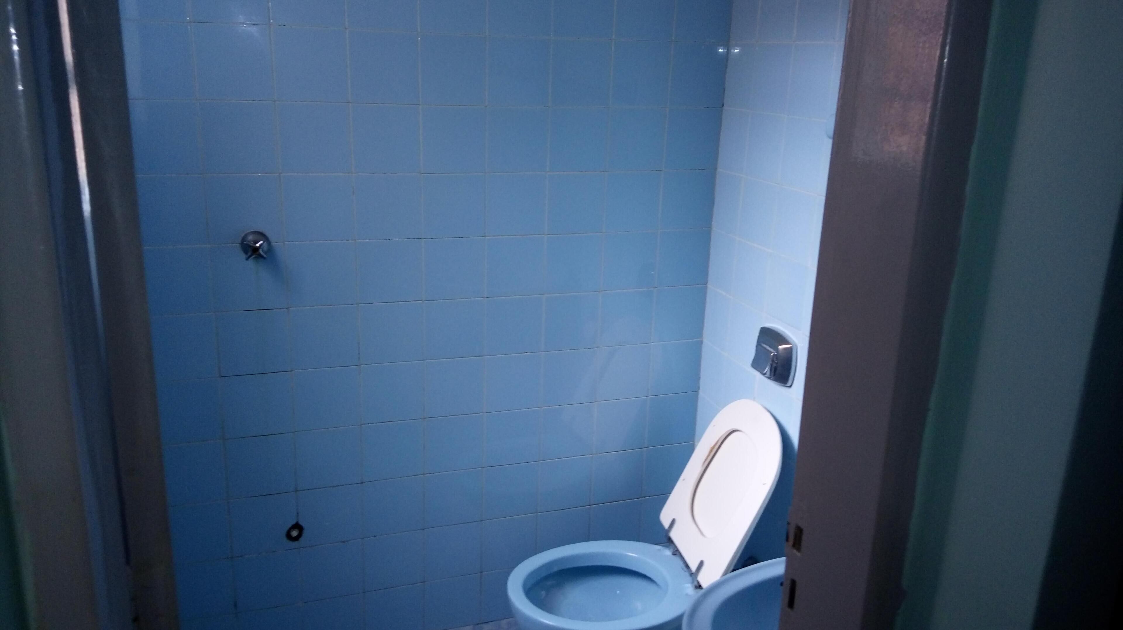 A small, enclosed bathroom with a toilet and a wall-mounted flush handle.