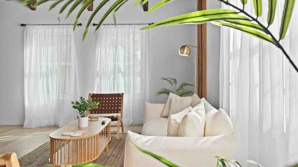 A modern living room with a sofa, a wooden coffee table, and a chair. There are potted plants and a lamp.