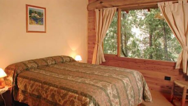 A bedroom with a large bed, a nightstand, a lamp, a window with curtains, and a painting on the wall. - Patagonia Sin Fronteras (San Carlos de Bariloche)