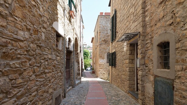 A narrow stone-paved alley with buildings on either side, featuring arched doorways and a red brick path.