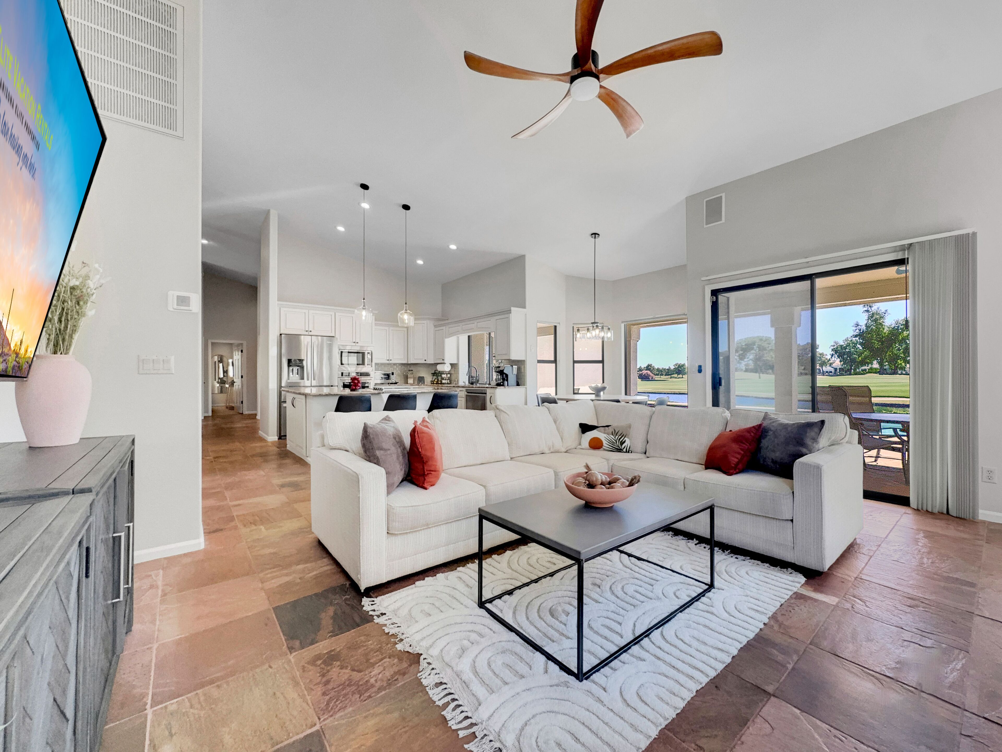 House, Multiple Beds, Pool Access, Pool View (Oleander 2 Chandler/Ocotillo) | Living area | Fireplace