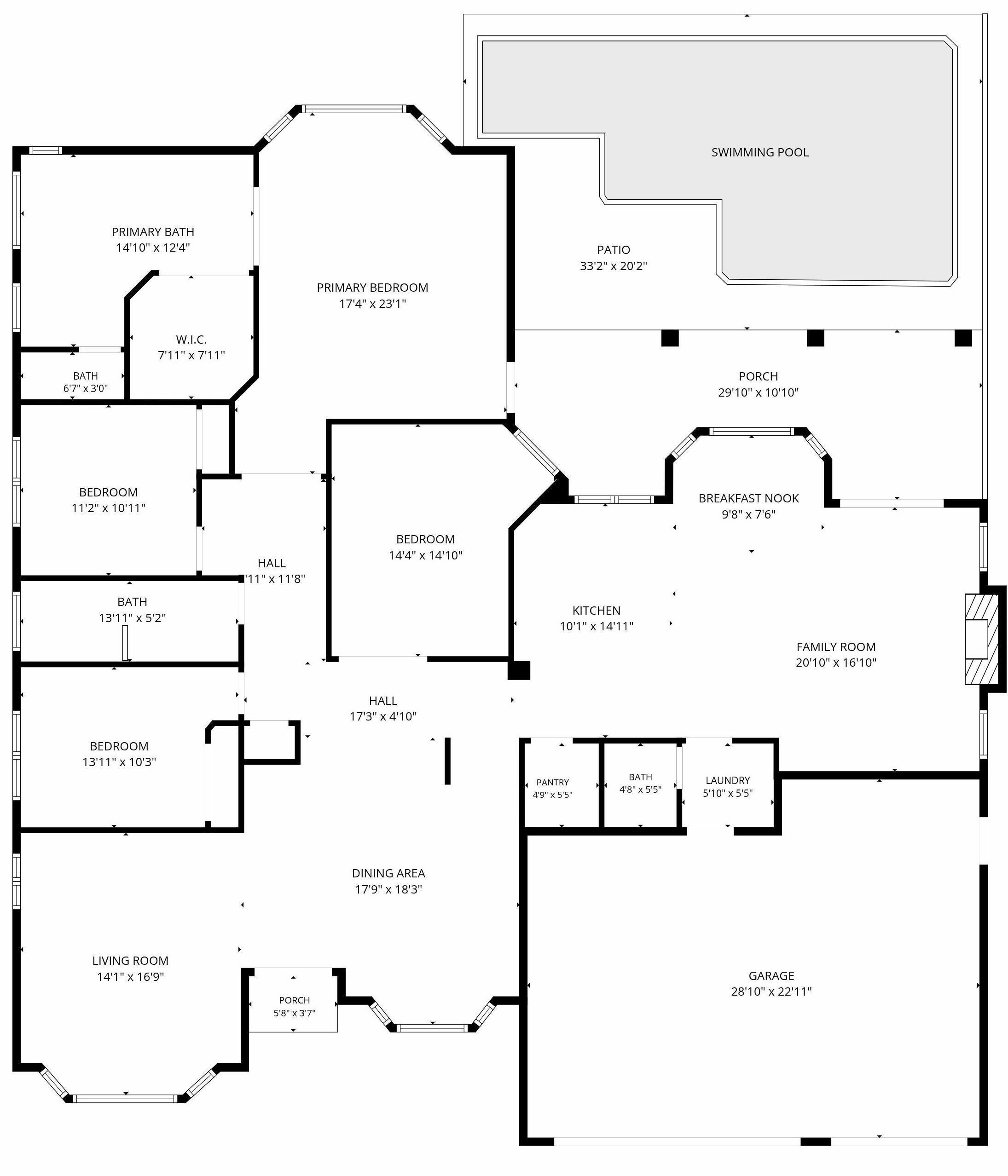 A floor plan with a primary bedroom, secondary bedroom, primary bathroom, secondary bathroom, dining area, living room, kitchen, family room, laundry area, pantry, and a garage.