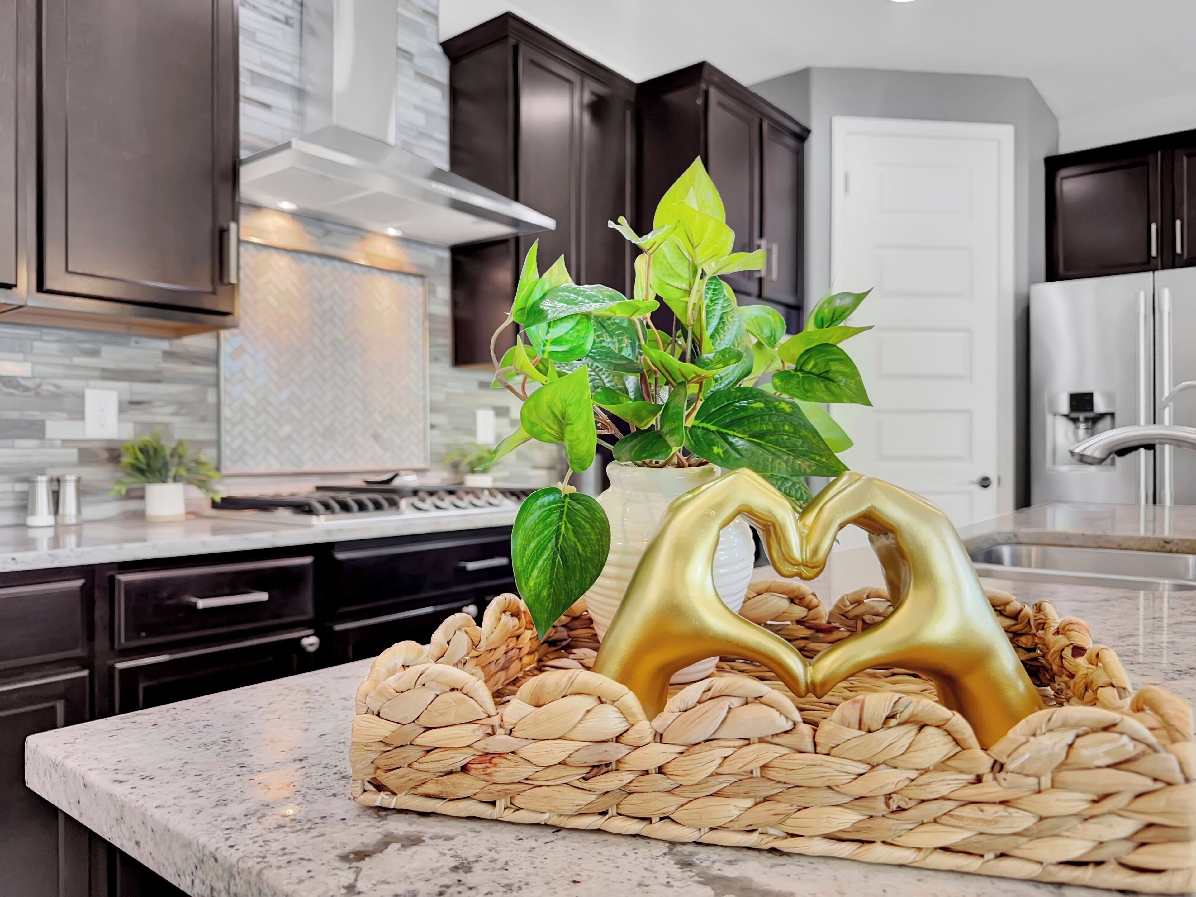 A kitchen with dark cabinets, a stainless steel range hood, a potted plant, and a woven placemat with a golden heart design.
