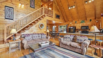 TV, fireplace, books
