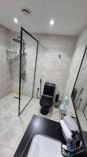 Shower, hair dryer, towels, soap