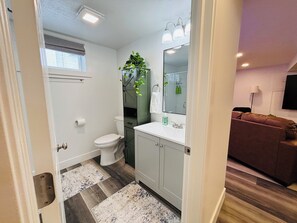 Regadera, secadora de cabello, toallas, jabón