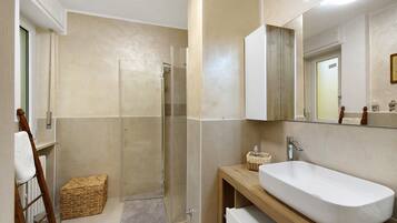 Shower, hair dryer, towels
