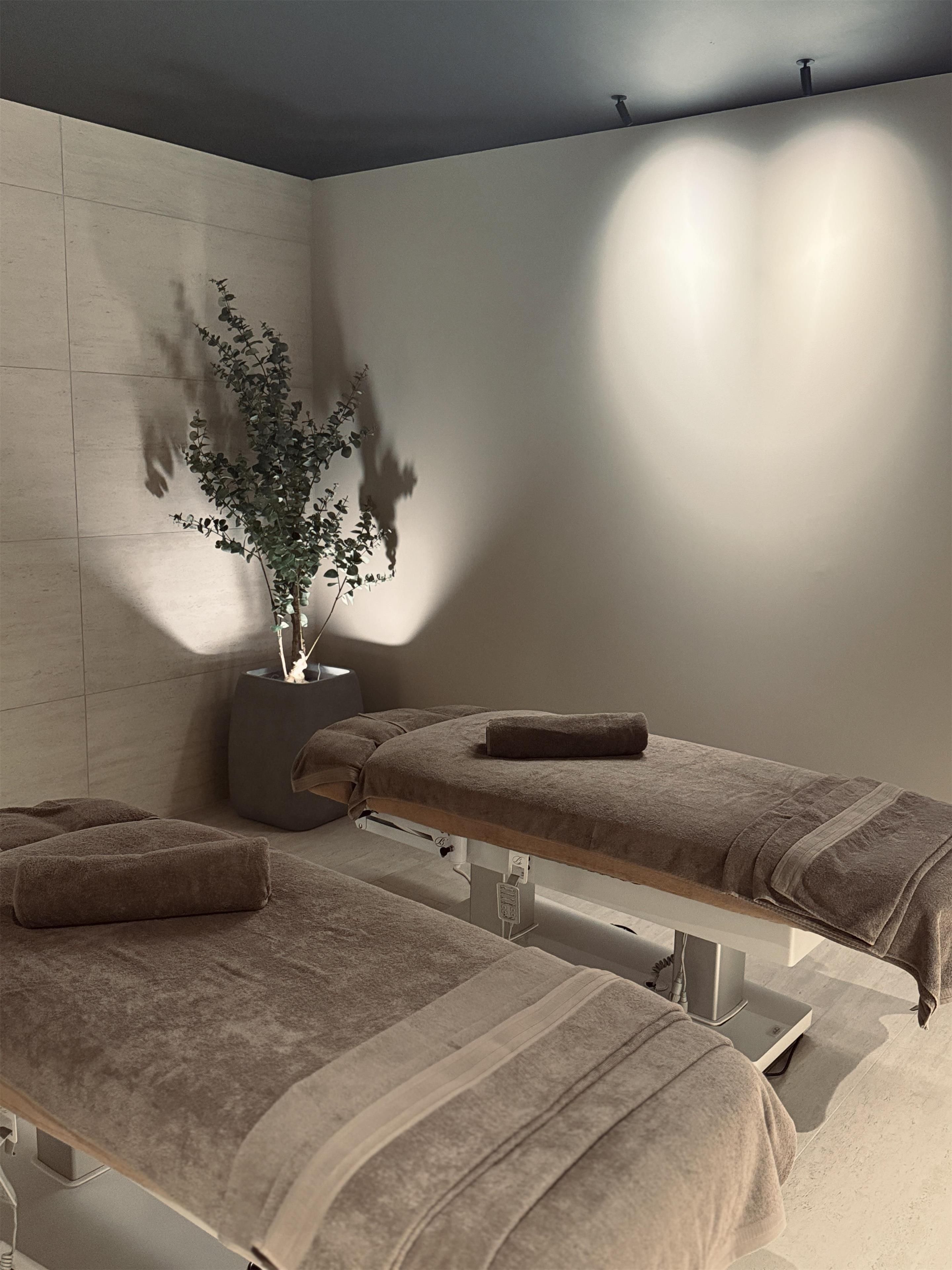 A spa room with two massage tables, a potted plant, and a wall-mounted light fixture.