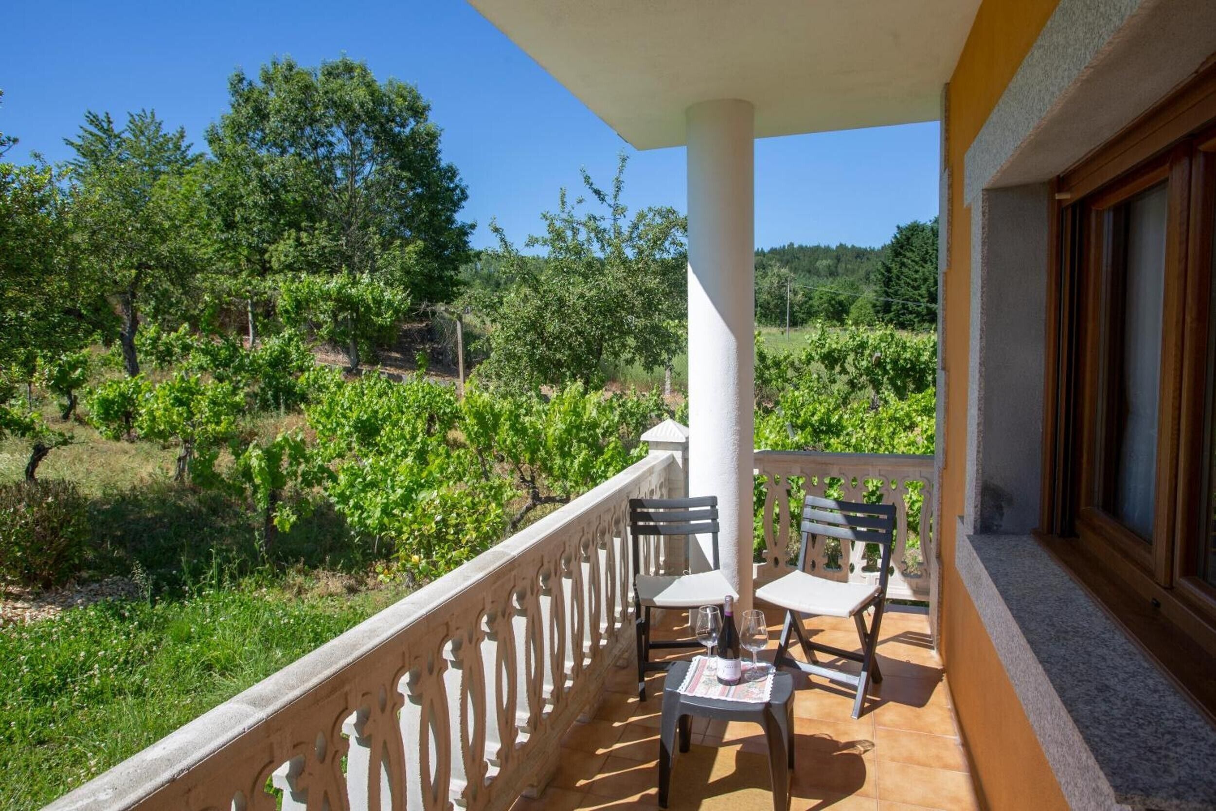 Un balcon avec une table et des chaises, donnant sur un vignoble.