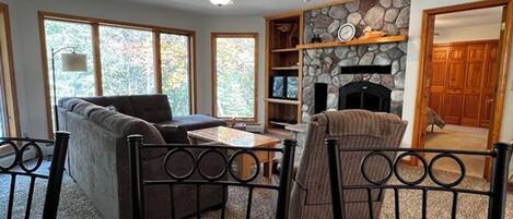 TV, fireplace, foosball