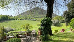 An outdoor seating area with a table and chairs, surrounded by potted plants and a large tree. - Villa Marani monte matello (TEOLO)