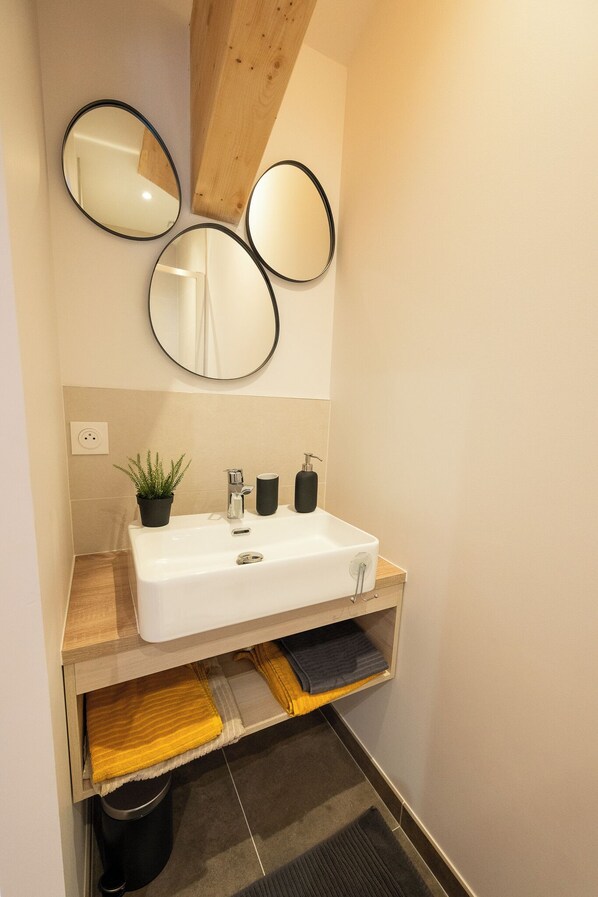 A modern bathroom with a white sink, black soap dispenser, and a potted plant. - Le 240, between Lakes and Mountains (Les Rousses)