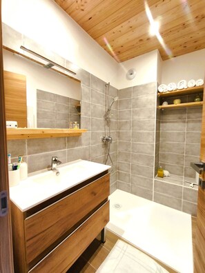 Dusche, Haartrockner, Handtücher, Seife