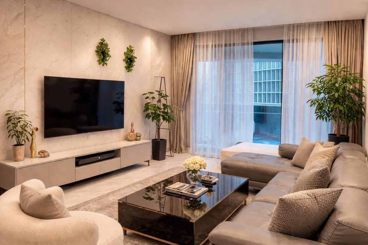 A modern living room with a flat-screen TV, a sofa, a coffee table, and two potted plants.