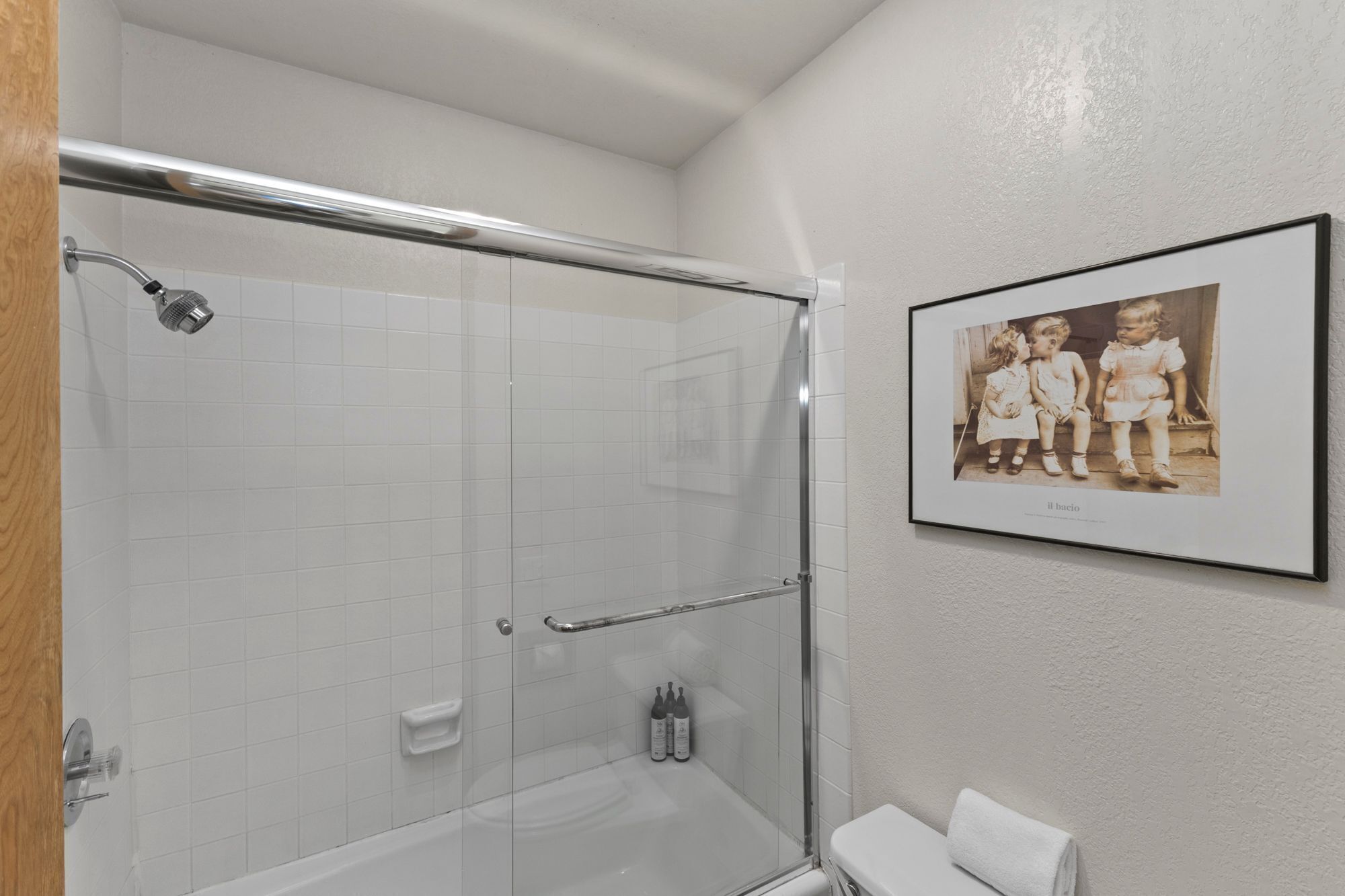 Un baño con cabina de ducha de vidrio, inodoro blanco y una fotografía enmarcadas en la pared.