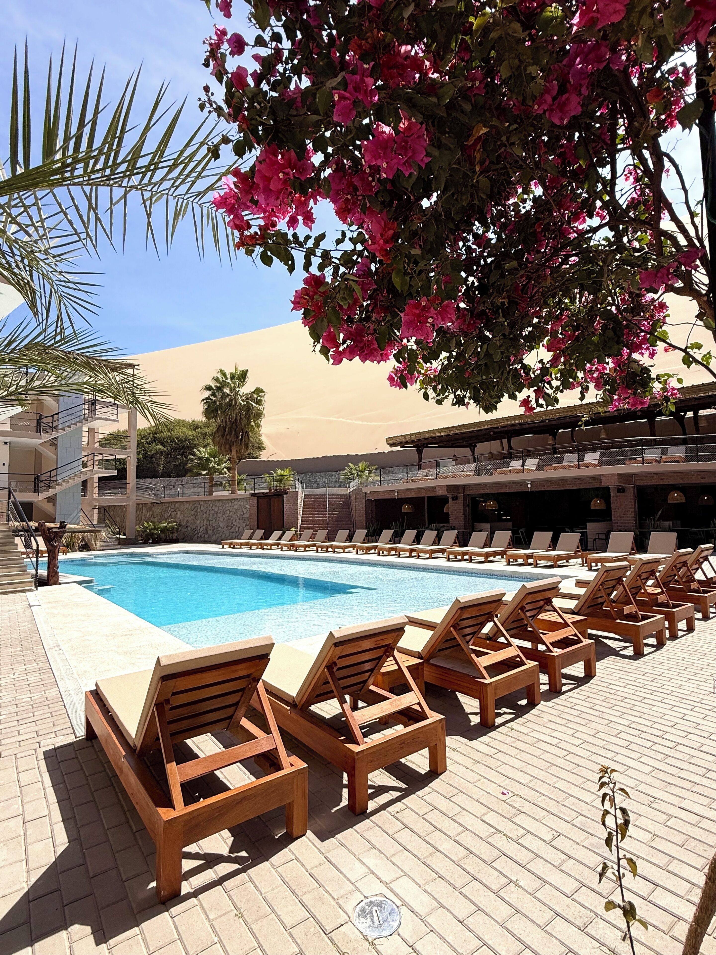 A poolside area with lounge chairs and a clear blue pool, surrounded by desert landscape and a building with a flat roof.