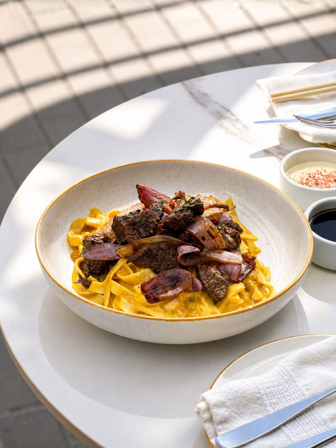 Een schaal pasta met vlees op een tafel.