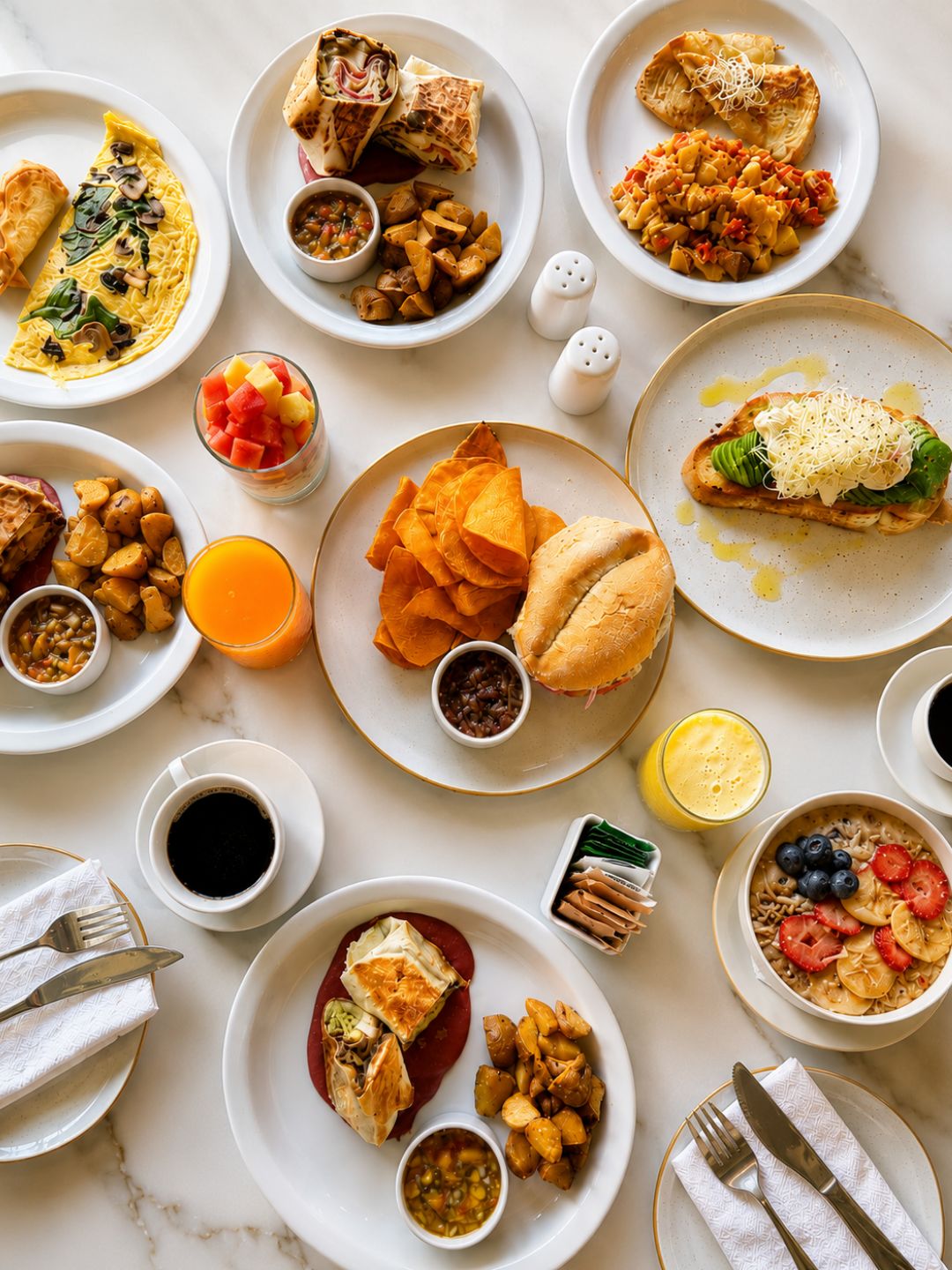 A variety of breakfast dishes arranged on a marble table.