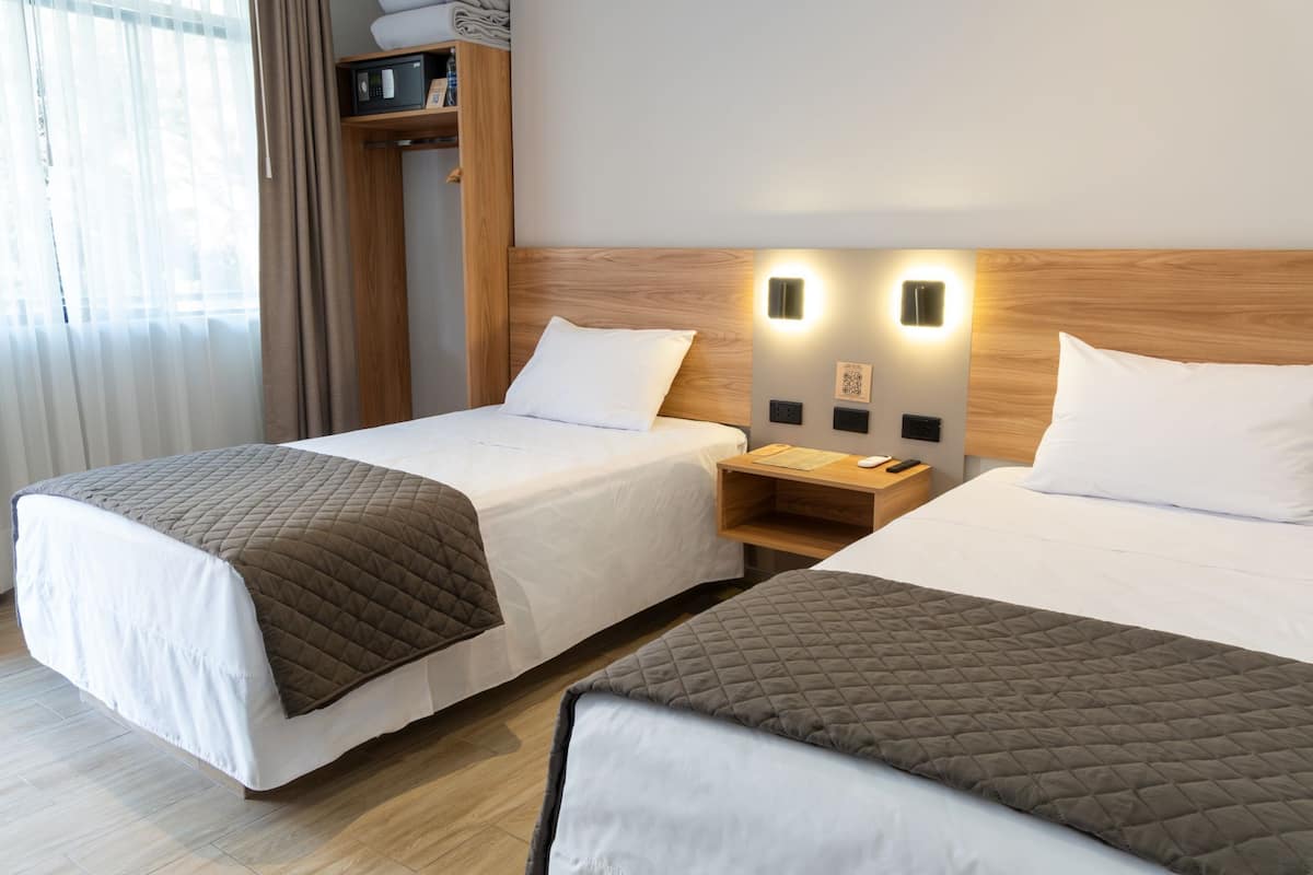 Habitación básica con 2 camas individuales | Caja de seguridad en la habitación y escritorio