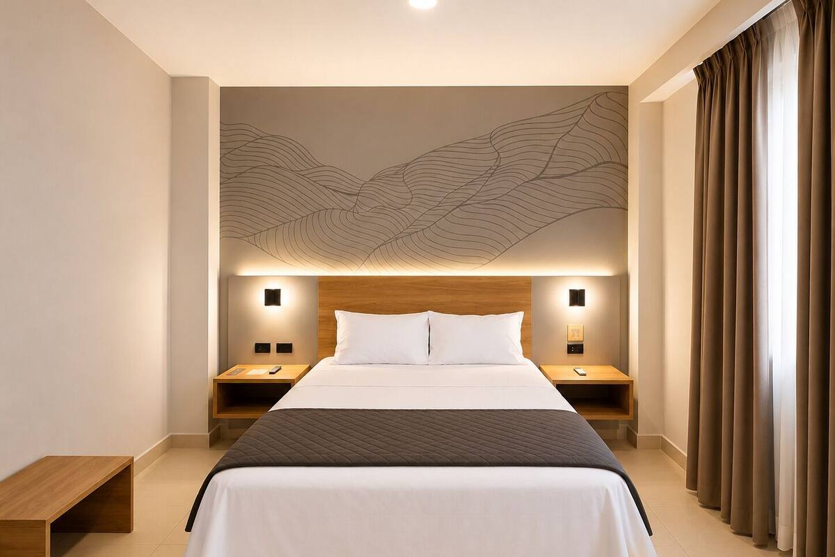 A hotel room with a large bed, two bedside tables, a headboard with a leaf pattern, and a curtain on the window.