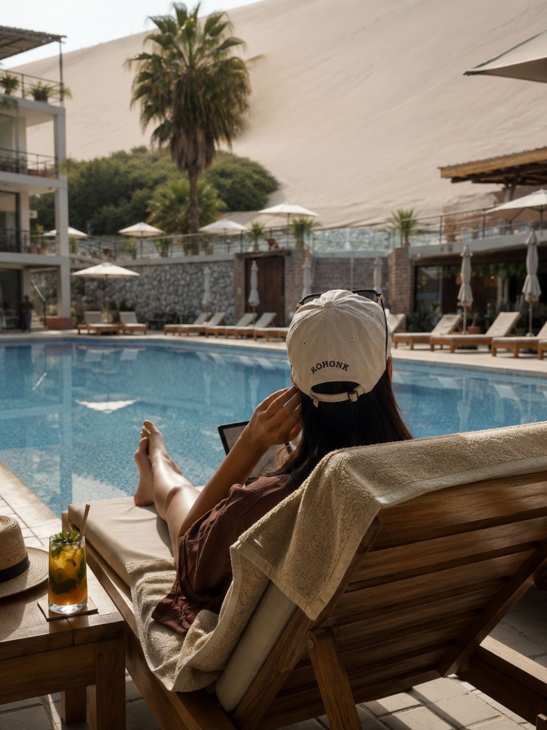 Une personne se détend au bord d’une piscine, une serviette et un chapeau à portée de main, entourée de chaises longues et de parasols.