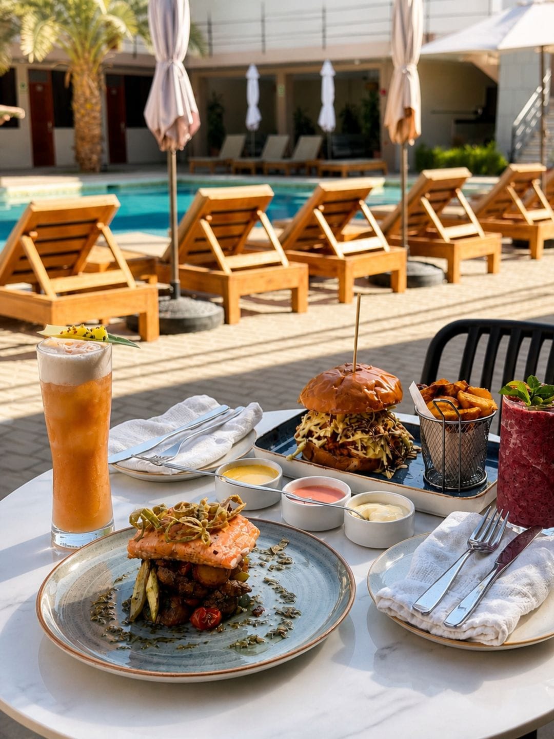 Una mesa de comedor con comida, una bebida y un ambiente junto a la piscina con sillas de descanso y sombrillas.