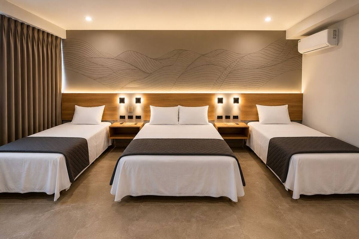 A hotel room with three single beds, a wooden headboard, wall-mounted lights, and a large abstract wall design.