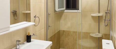 Un baño con ducha, inodoro, lavamanos y espejo.