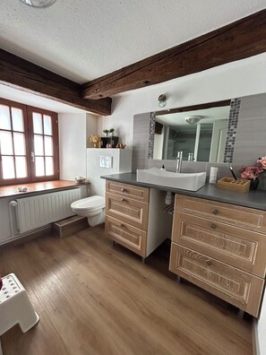 Hair dryer, towels, soap, toilet paper