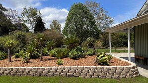 Un jardin aménagé avec différentes espèces de plantes et un mur de soutènement en pierre.