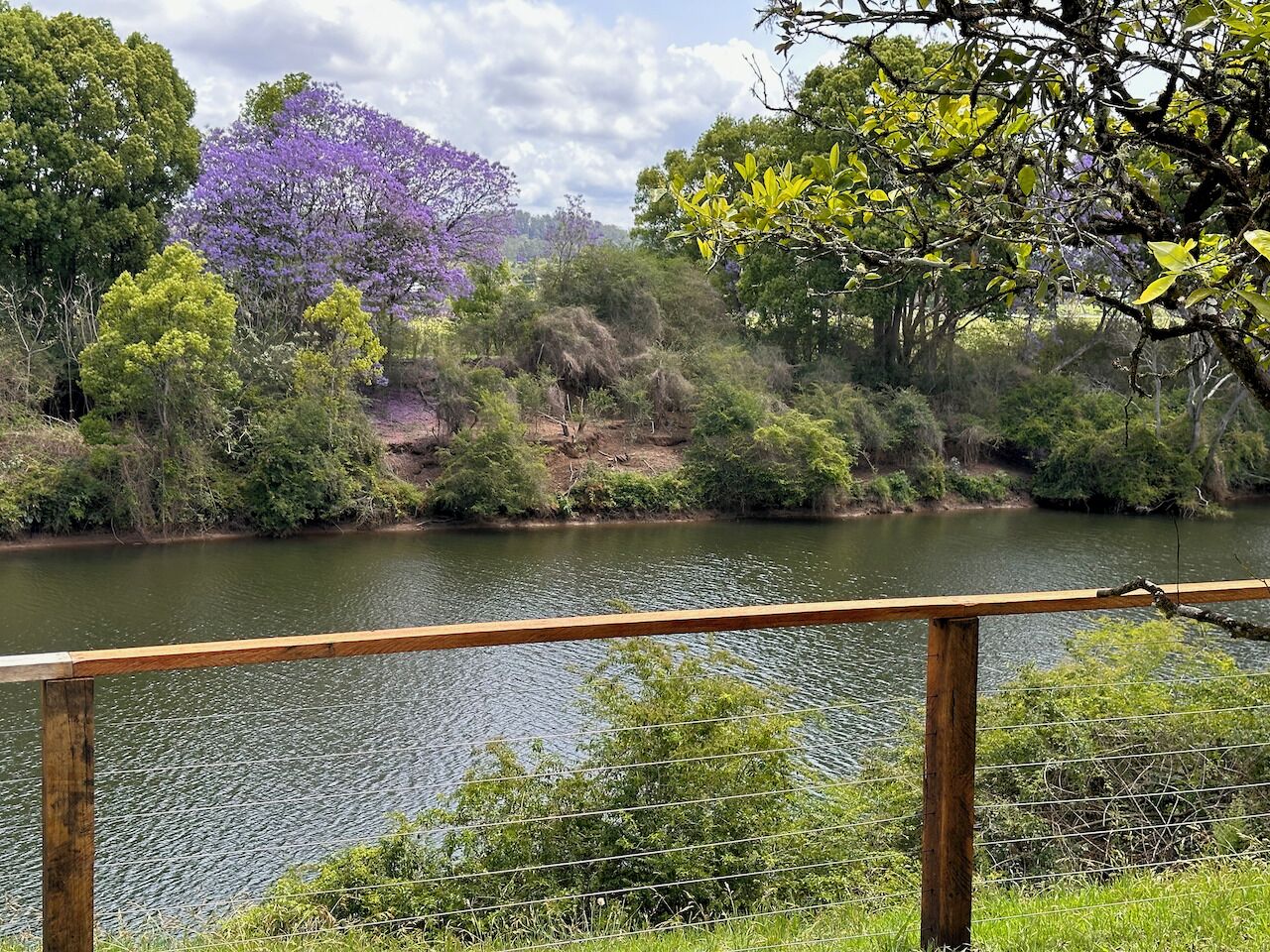 Un río con una barandilla de madera al frente.