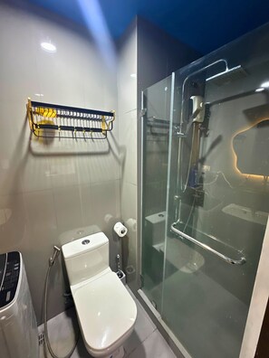 Shower, hair dryer, bidet, towels