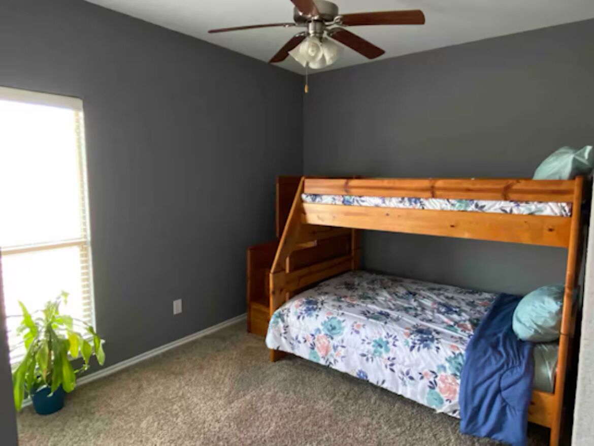 Une chambre avec un lit superposé, un ventilateur de plafond, une fenêtre avec des stores et une plante en pot.