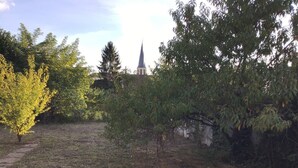Une zone herbeuse avec des arbres et, au loin, le clocher d’une église.