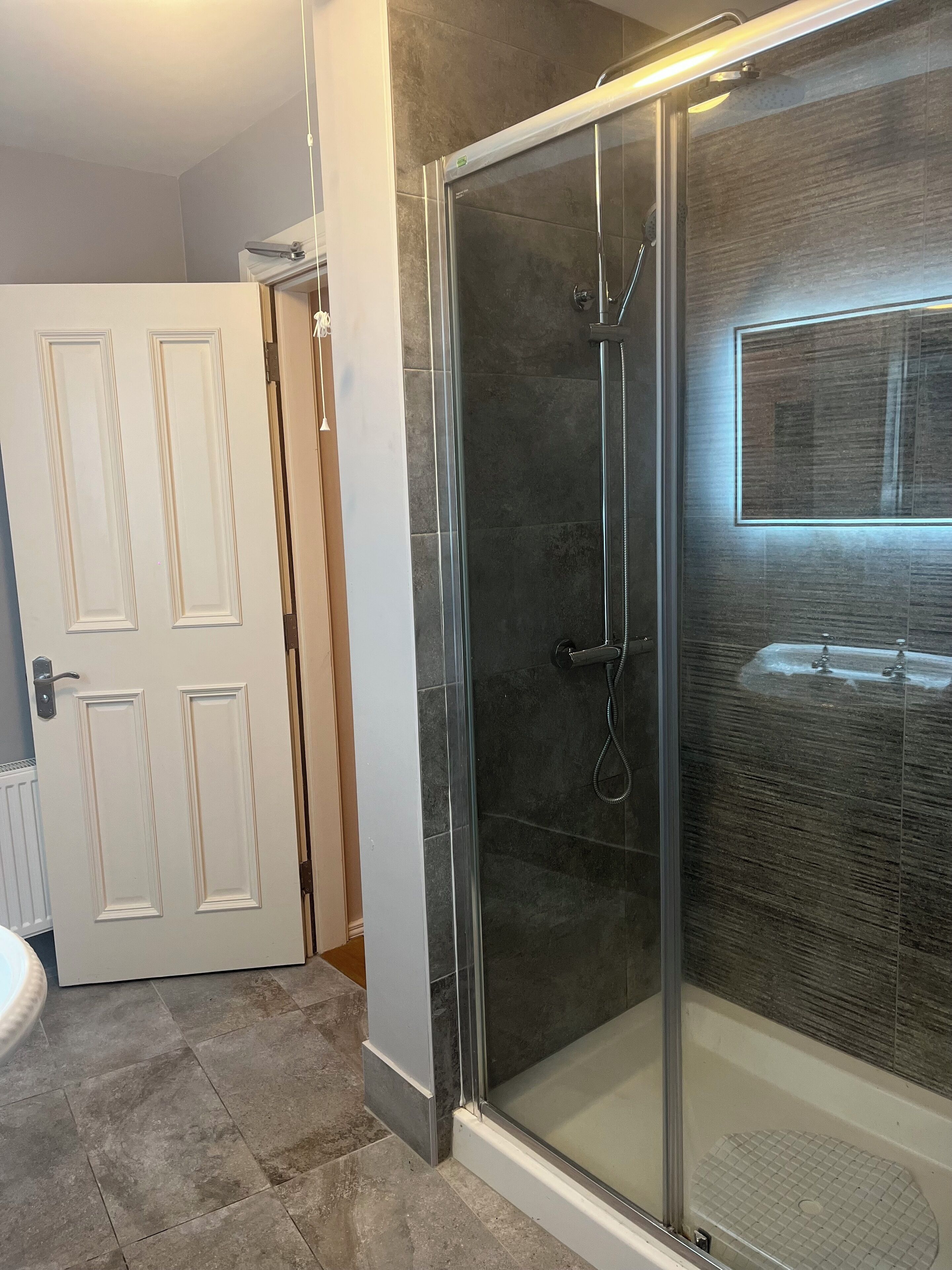 Shower, towels, toilet paper