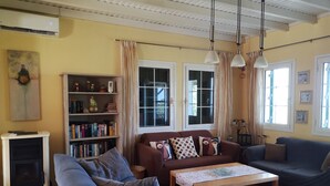 Un salon avec un canapé, une table basse, une bibliothèque et une cheminée.
