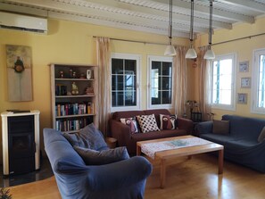 TV, fireplace, DVD player, books