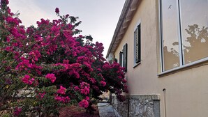 Un bâtiment dont la partie inférieure est en pierre et la partie supérieure est de couleur beige, situé à côté d’un arbuste aux fleurs roses.