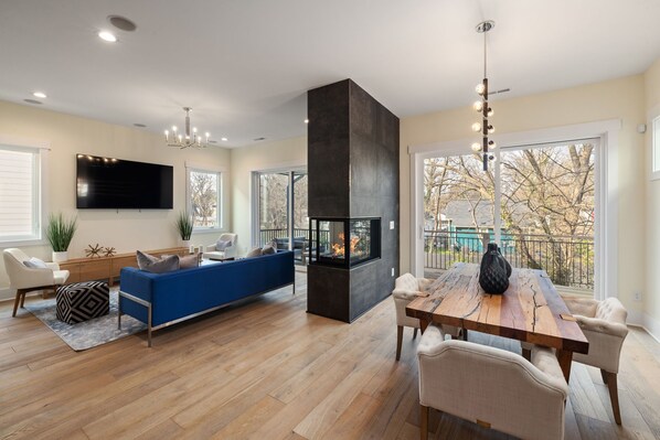 Smart TV, fireplace, books