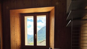 A room with wooden walls, a window with a mountain view, a bed with a blanket, and a chair.