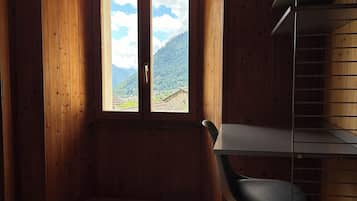 A room with wooden walls, a window with a mountain view, a bed with a blanket, and a chair.