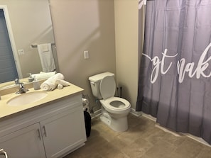 Hair dryer, towels, soap, toilet paper
