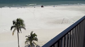 A beach view with a clear sky, palm trees, and a railing. - Directly on the beach at The Estero Beach and Tennis club. Balcony on the Ocean! (Fort Myers Beach)