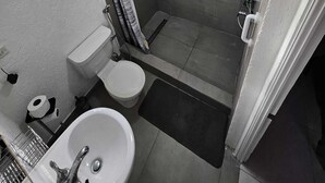 A compact bathroom with a shower, toilet, and sink.
