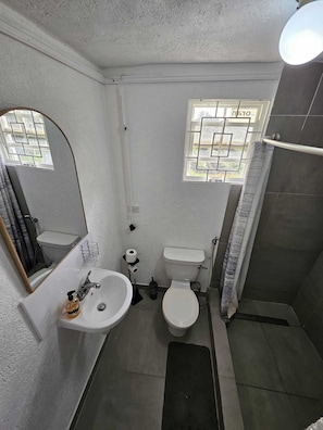 Douche, bidet, serviettes fournies, savon
