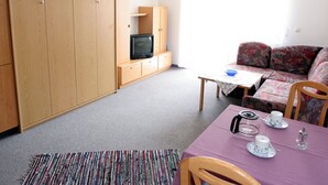 A room with a sofa, a television on a cabinet, a table with cups and saucers, and a striped rug. - Sommerhof Rauber – Studio 'A 03' with Lake View, Shared Garden and Wi-Fi (Immenstaad am Bodensee)