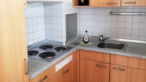 A kitchen with a stove, sink, and cabinets. - Studio 'Typ A 19' with Shared Garden, Balcony and Wi-Fi (Immenstaad am Bodensee)