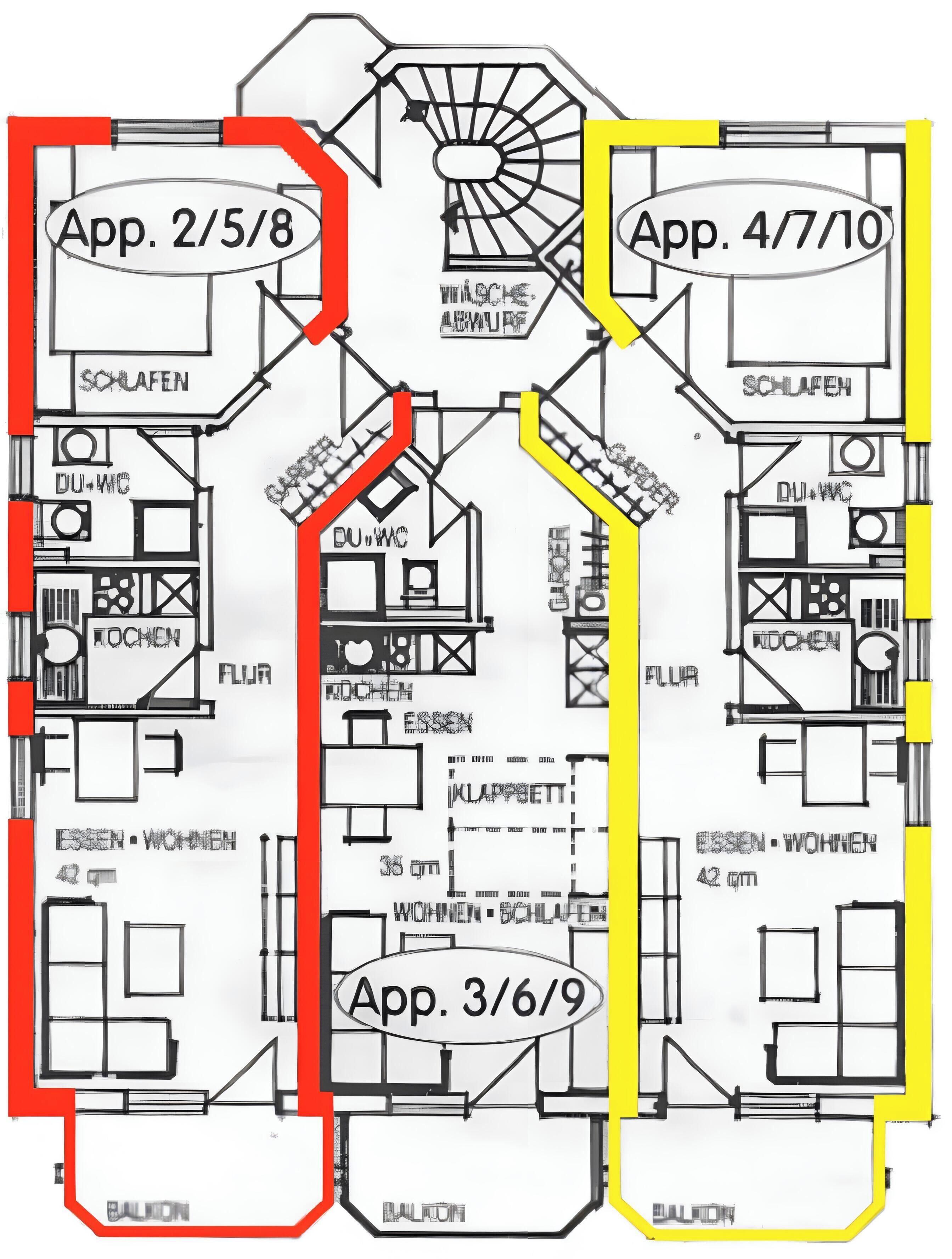 A hotel floor plan with three applications, labeled App. 2/5/8, App. 4/7/10, and App. 3/6/9, indicating different room types or services.