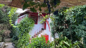 A traditional house with a red staircase, surrounded by lush greenery and vines. - Casa Maínha Solar Minhoto Century XVII with private pool  (Panóias)