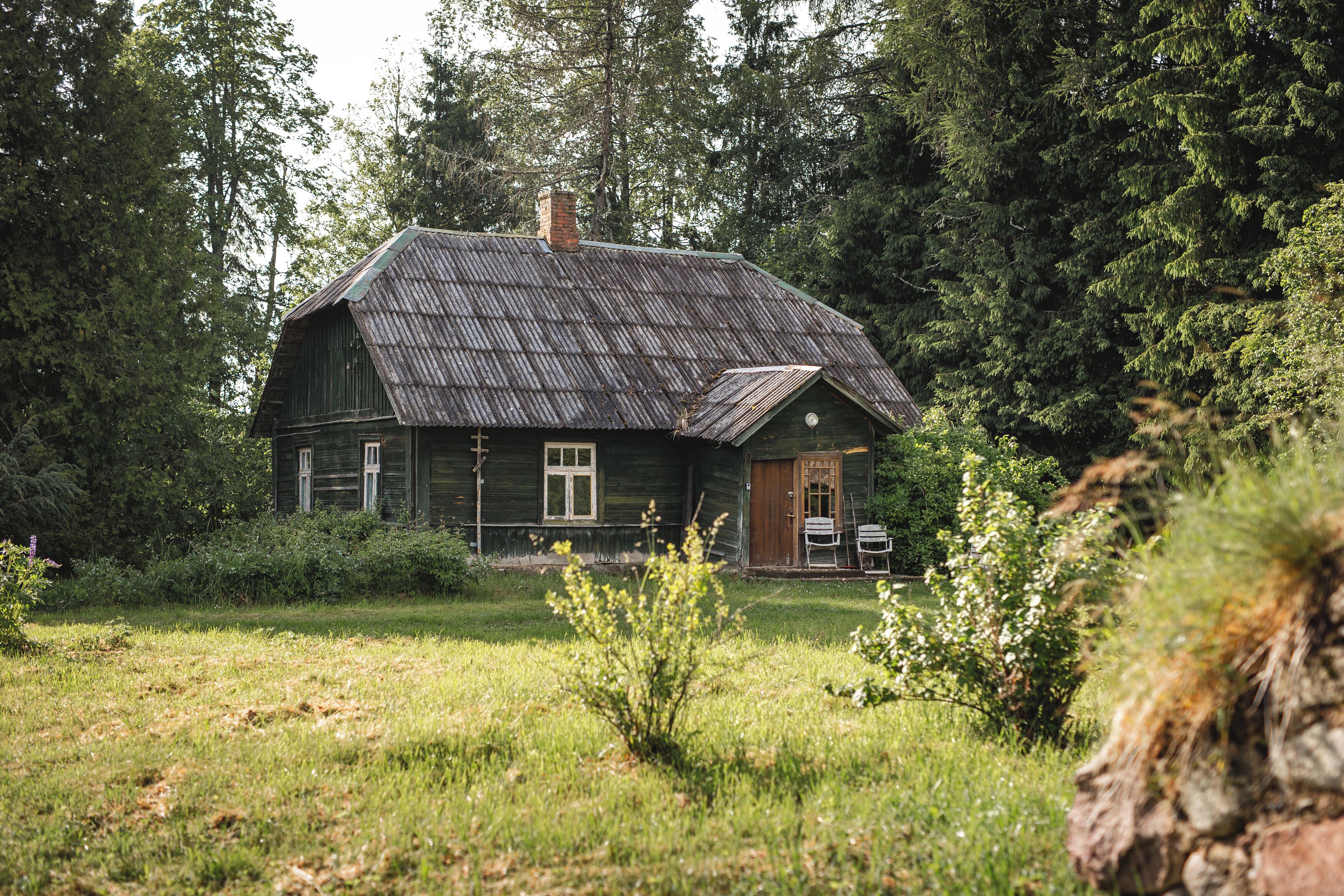 A rustic wooden house with a sloped roof, surrounded by dense forest.